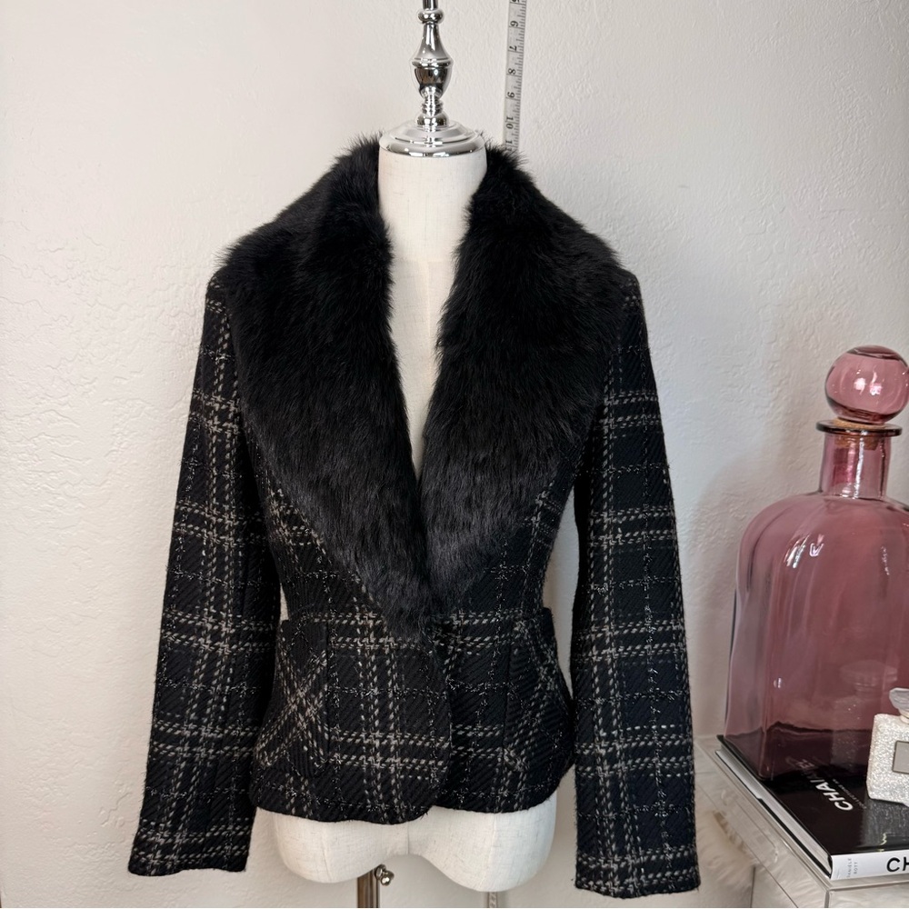 Vintage ZARA Wool Blend Blazer Black Gray Metallic Detachable Faux Fur Size 6
